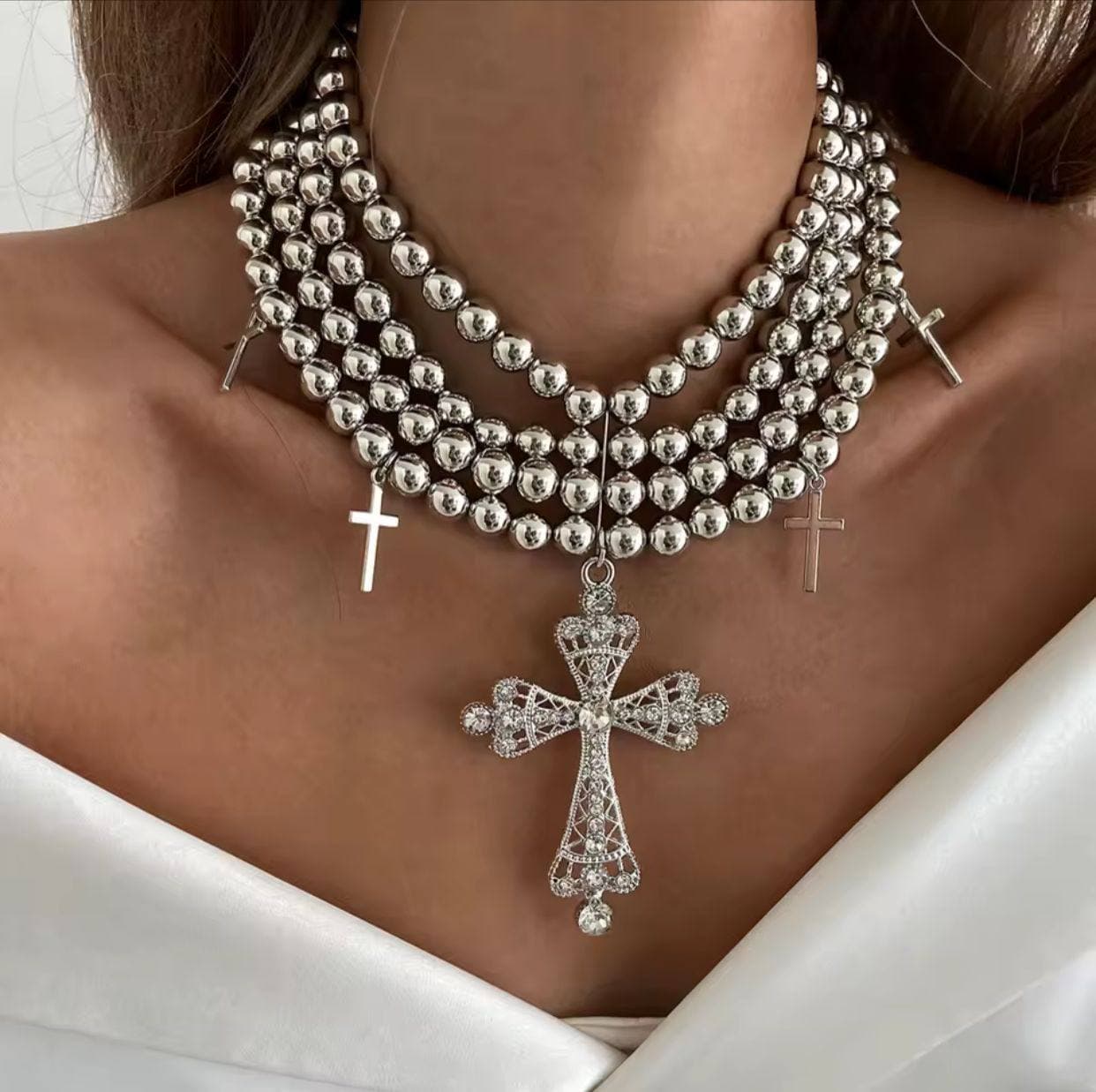 Cross Pendants Multilayered Pearl Necklaces view 2